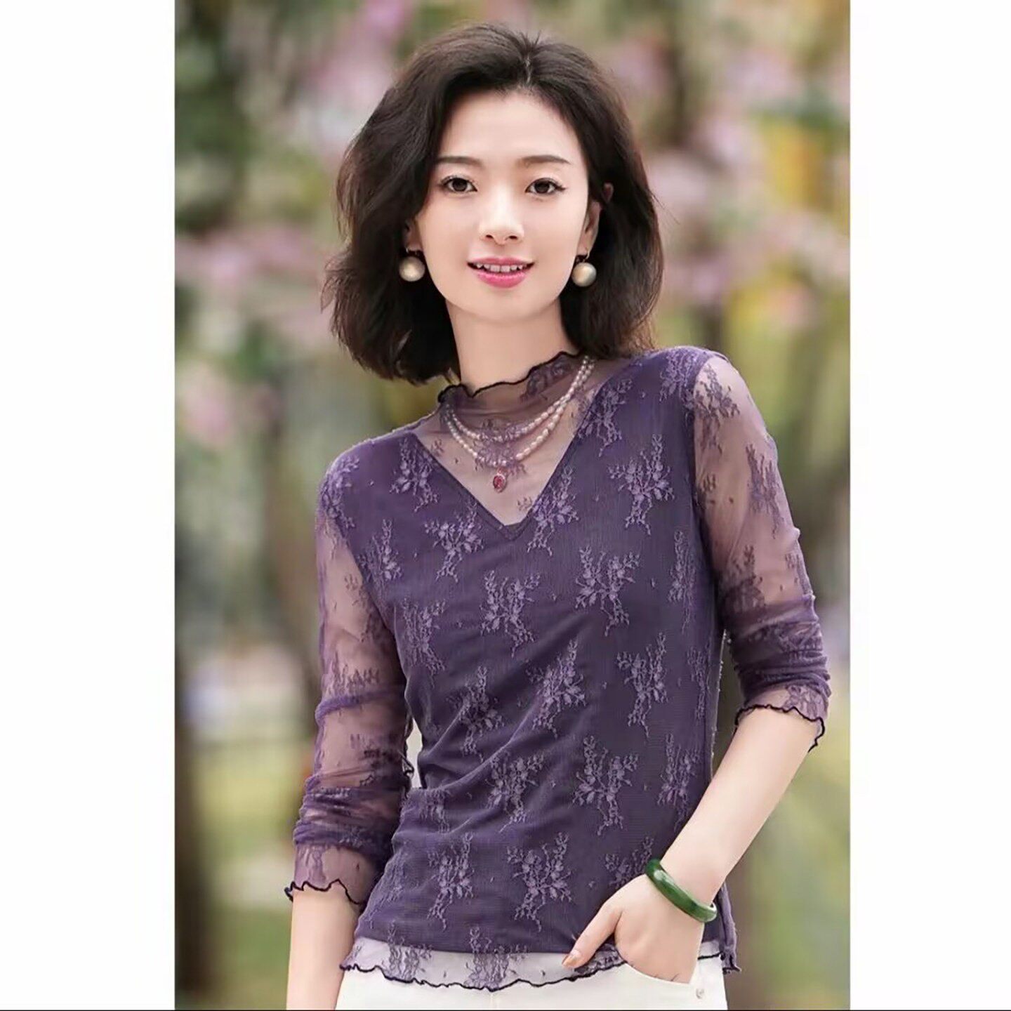 楚勇女装蕾丝网纱半高领打底衫2026秋季女士显瘦小衫气质内搭上a3
