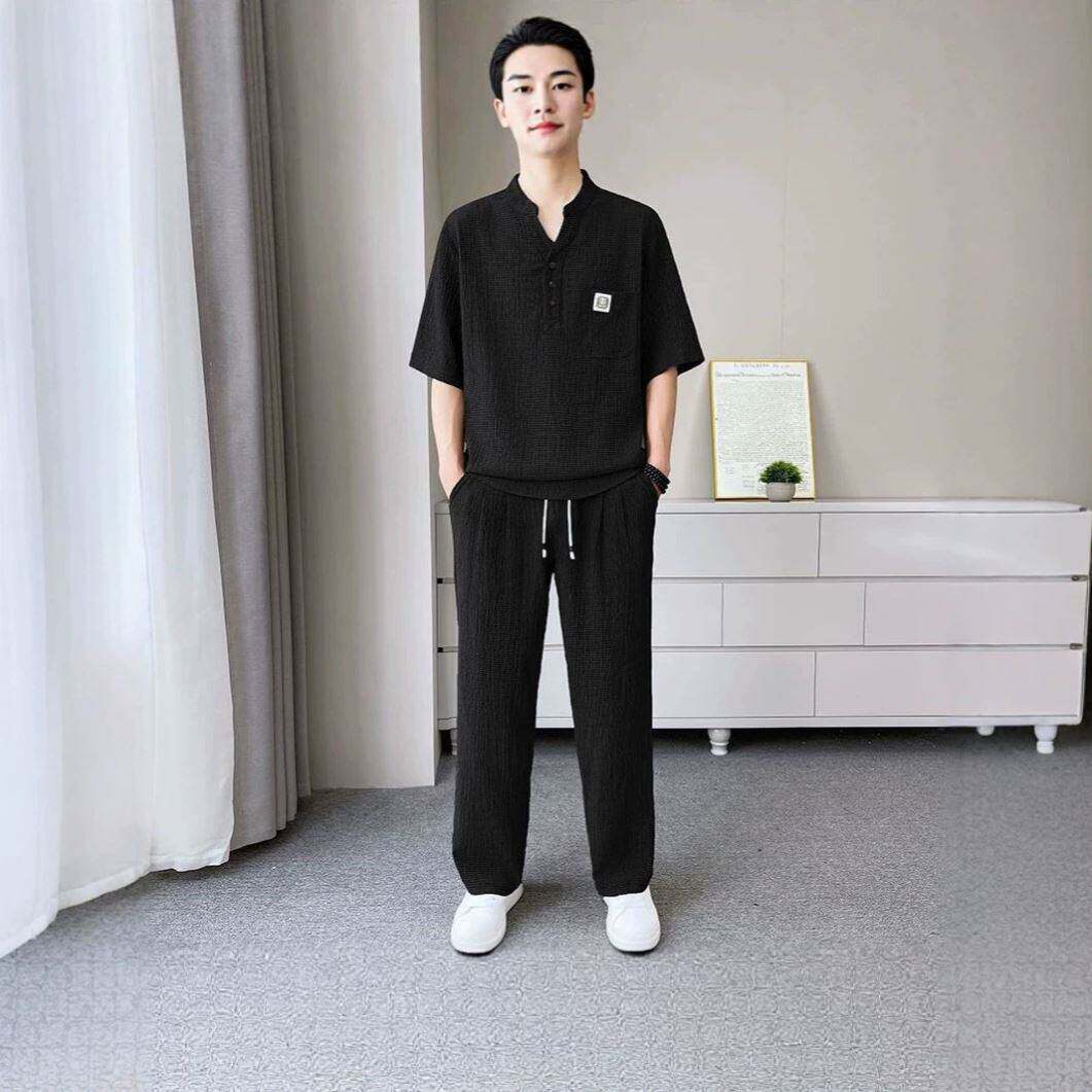 媛鑫休闲套装新款男装夏季五分2026运动高端中袖中国风两件套宽a4