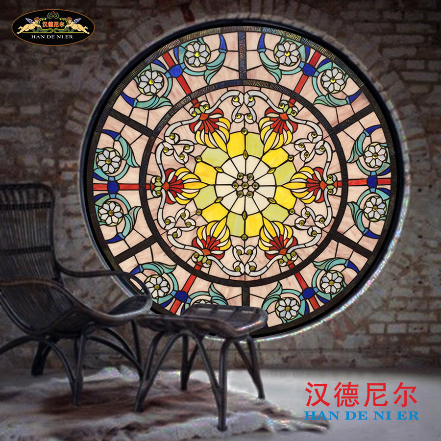 定制蒂凡尼彩色艺术教堂欧式镶嵌复古隔断墙落地圆形窗户吊顶玻璃