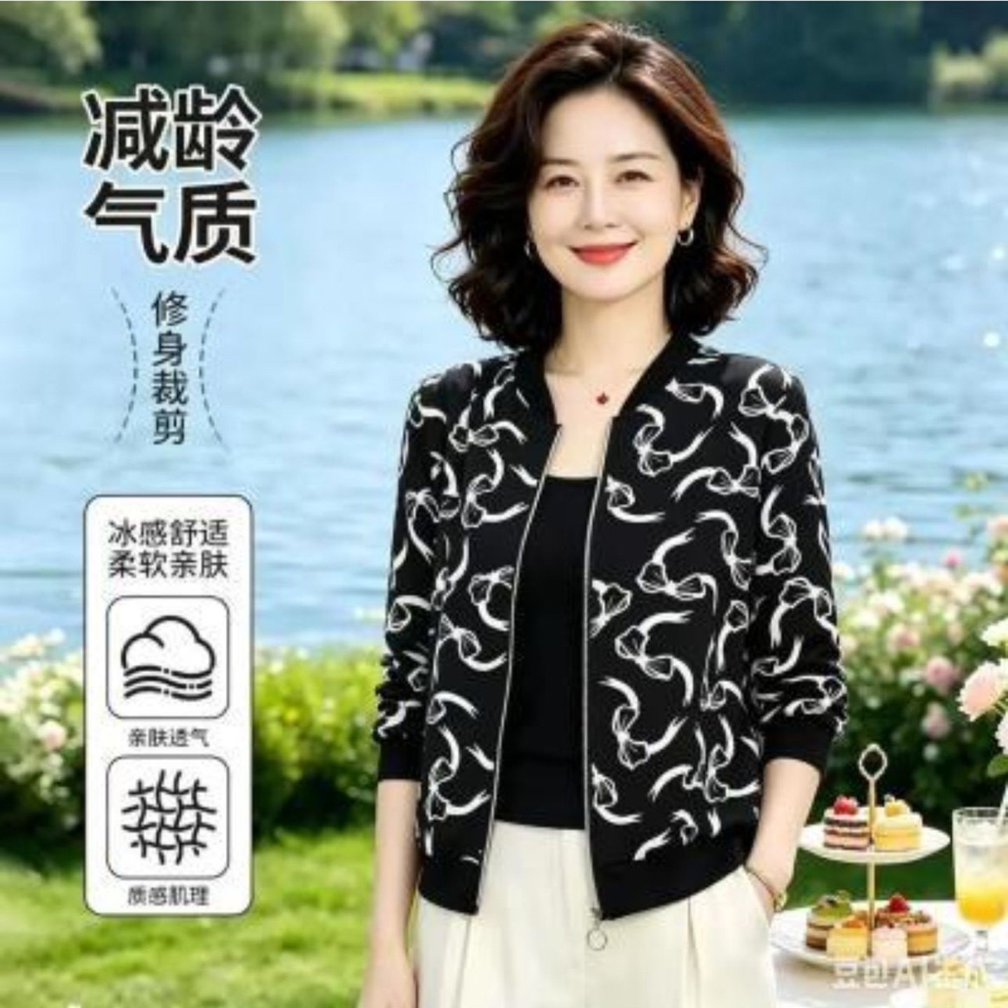 宜智博女装时尚印花夹克2026秋季女士薄款外套洋气减龄开衫上衣a5