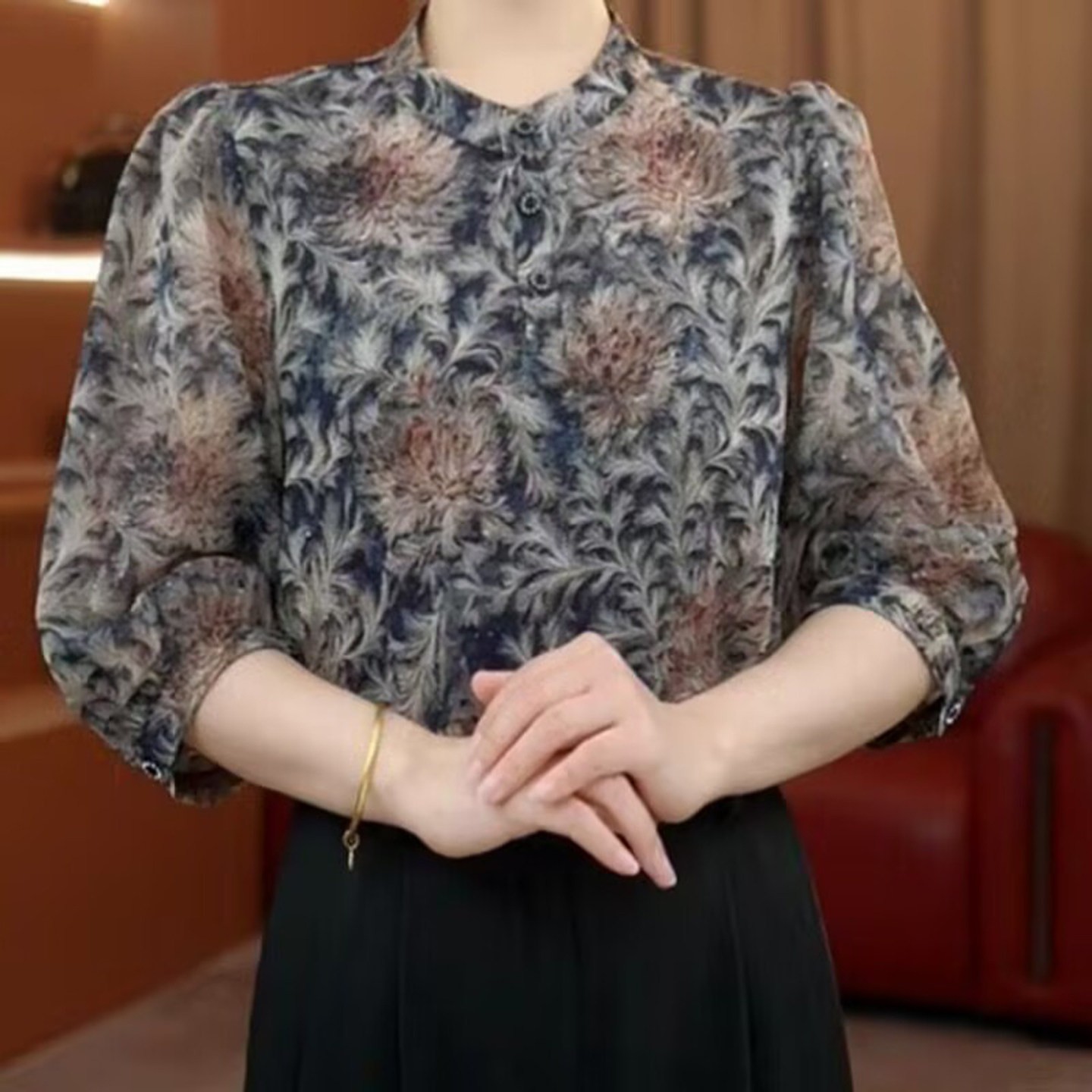 恒清女装冰丝碎花七分袖衬衫夏季女士款宽松显瘦小衫洋气减龄上a1图片