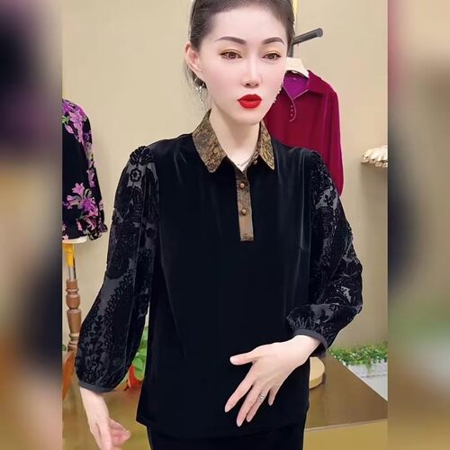 芸菲精品服装店丝绒翻领衬衫2026秋季女士长袖T恤洋气妈妈装上a5