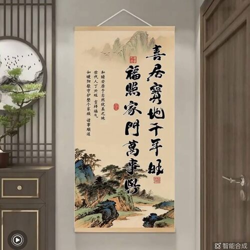 式扬喜居宝地千年旺挂画卷轴福照家门万事兴新中式高级感装饰字a9