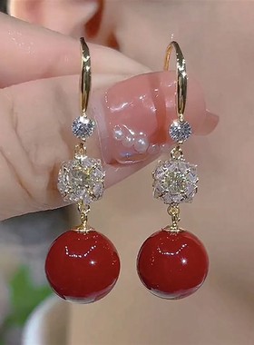 复古红色珍珠耳勾登来高级感轻奢耳环2025新款小众网红百搭耳a87