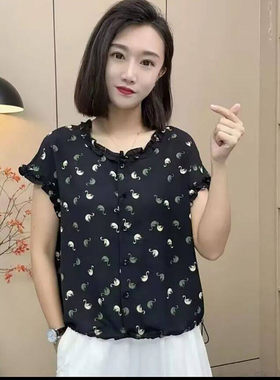 哲算女装2026新款花边领印花小衫女士圆领套头短袖百搭休闲上衣a9