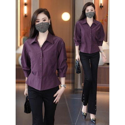 法式时尚衬衫女2025早秋新款洋气休闲七分袖衬衣宽松百搭显瘦上衣