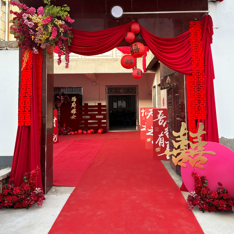 结婚庭院布置农村自建房院子装饰大门口婚礼长条喜字布幔灯笼瀑布