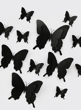 12只装黑色蝴蝶 家居创意万圣节3d立体塑料仿真装饰蝴蝶墙贴布置