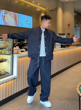 春秋新款飞行员牛仔套装男