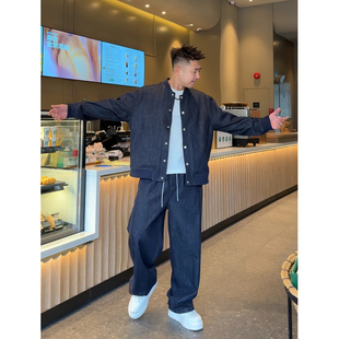 春季新款飞行员牛仔套装男宽松休闲棒球领长袖开衫阔腿裤两件套潮