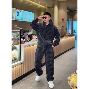 连帽卫衣百搭直筒裤 新款 男冬季 彩色纱线软糯绒面加厚休闲运动套装
