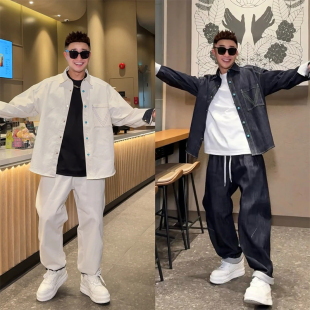 春夏新款男士牛仔套装男时尚纽扣长袖衬衫卷边弯刀裤运动休闲套装