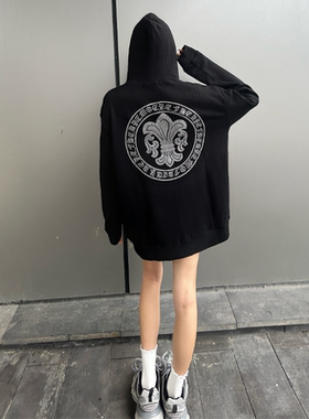 ESSENTIAL2024年新款黑色连帽卫衣oversize外套女宽松烫钻开衫潮