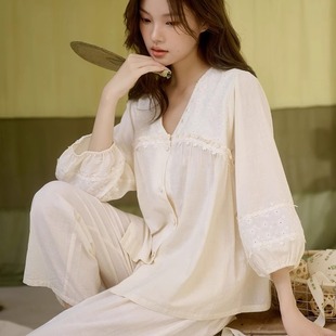 安之伴梭织纯棉睡衣女2025春夏季 V领甜美公主风家居服 薄款 长袖