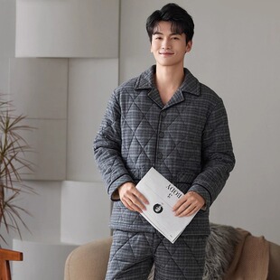 妮可雅三层全棉夹棉睡衣男士冬季加绒加厚磨毛纯棉复古格子家居服