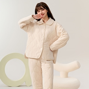 休闲简约棉袄套装 安之伴三层夹棉睡衣女冬季 加厚保暖珊瑚绒家居服