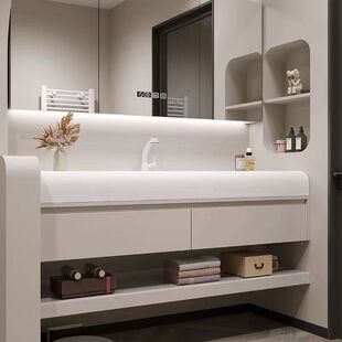 2024新品定制圆弧形可耐丽一体盆浴室柜组合奶油风洗手洗脸盆实木