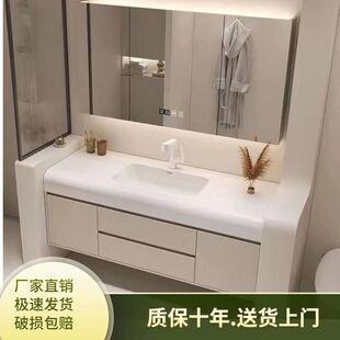 2024新品定制奶油轻奢风卫生间可耐丽琦美石一体盆洗漱洗脸盆柜组