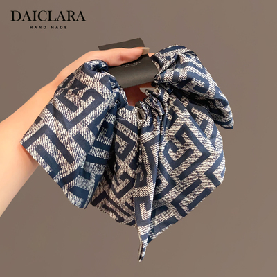 双F字母方巾发圈双面蓝灰色仿绸缎大肠圈超大号丝滑气质发饰发绳