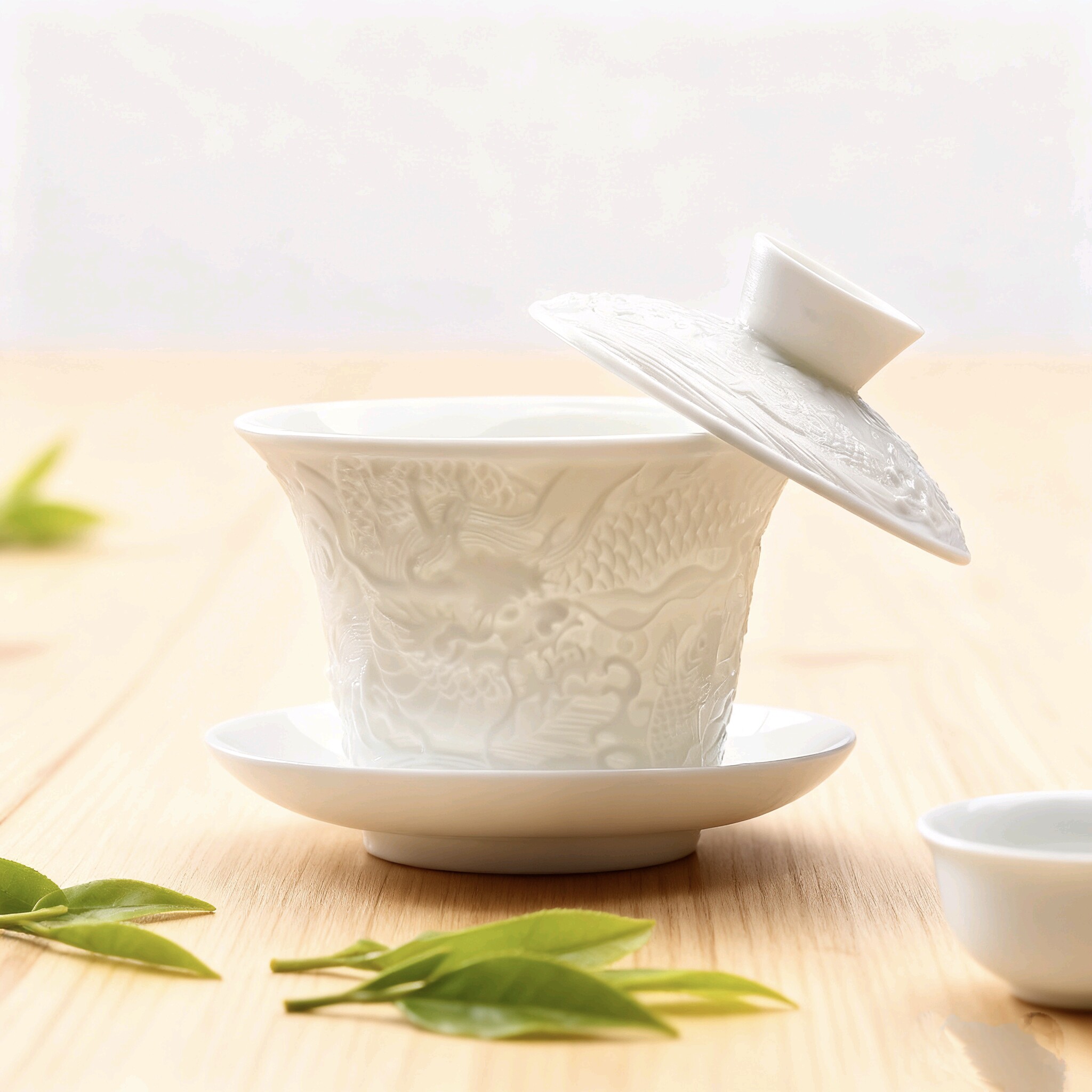 德化羊脂玉瓷浮雕鱼化龙三才盖碗茶杯悬停高档陶瓷泡茶功夫茶具