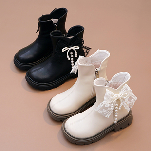 真皮女童靴子小女孩洋气公主靴儿童加绒小皮靴2025秋冬新款 二棉靴