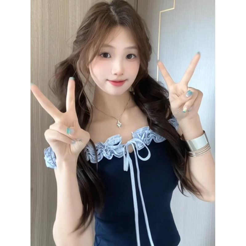 美式复古撞色木耳边系带短袖t恤女夏季小个子收腰辣妹露肩短上衣