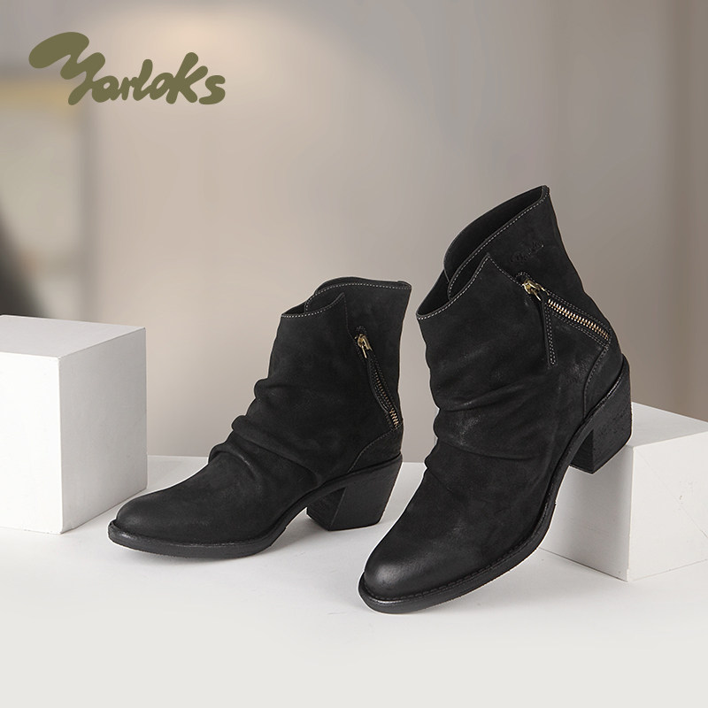 Yarloks/雅乐士法式摩登春秋通勤单靴粗跟褶皱短靴女 WV183802,女鞋,时装靴,淘宝优惠券,粉丝福利购,淘宝优惠卷