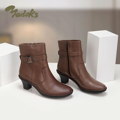 Yarloks/雅乐士真皮女靴系带粗跟时尚英伦瘦瘦靴金属扣 WK16852