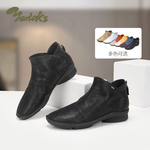 Yarloks/雅乐士粗跟短靴女真皮瘦靴踝靴黑色牛皮短靴女款 2525101