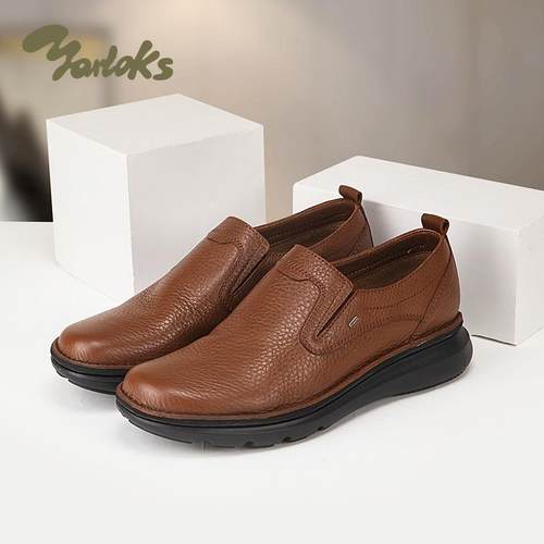 雅乐士牛皮圆头一脚蹬休闲皮鞋