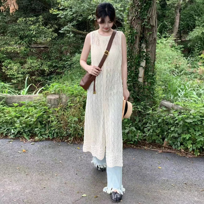 连衣裙女夏纯色镂空宽松百搭中长款针织罩衫女短袖T恤叠层上衣外