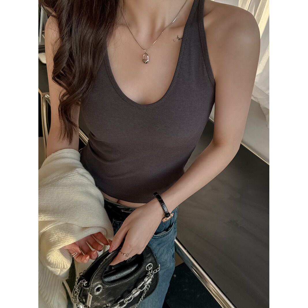 夏季美式u领打底工子小吊带背心女内搭辣妹遮副乳可外穿无袖上衣