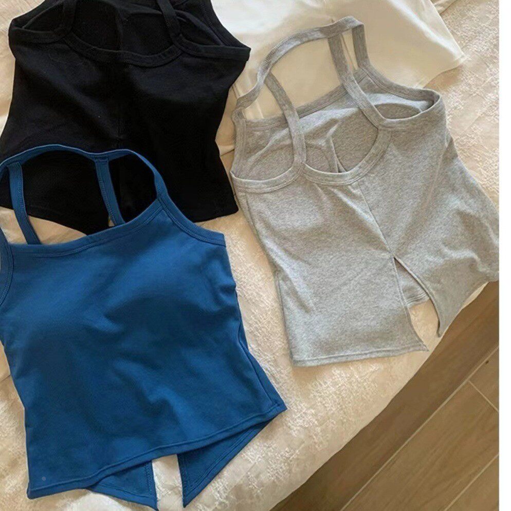 夏季美背露背圆领无袖辣妹吊带上衣女带胸垫可外穿内搭背心