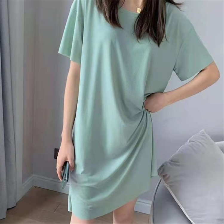 凉凉裙女春夏薄款圆领冰丝裙宽松舒适显瘦纯色T恤中长款居家睡裙