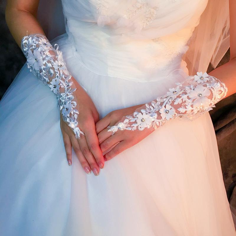 新款新娘婚礼结婚婚纱礼服公主露指勾指蕾丝花朵水钻绑带短款手套
