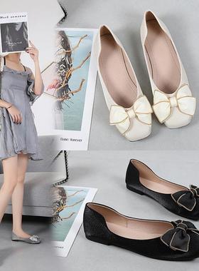 大码女鞋41-44宽脚平底单鞋女 2025新款蓝色蝴蝶结浅口软底方头鞋