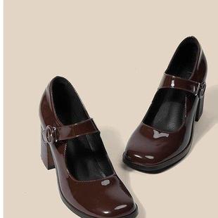 2027高跟鞋新款玛丽珍鞋女PU复古赫本黑色一字扣粗跟方头单鞋