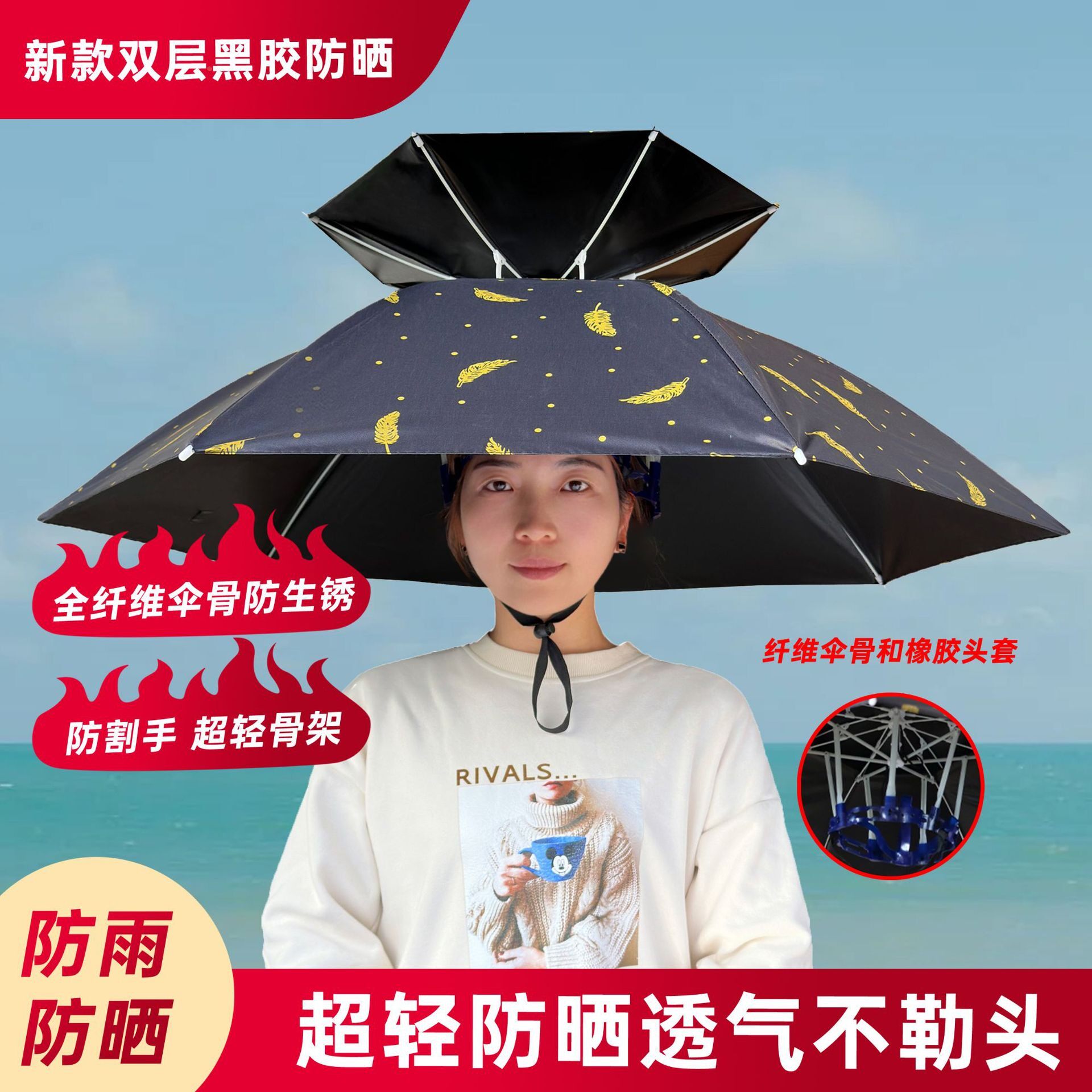 2026新款头戴式双层加厚防晒雨伞帽户外垂钓专用便携可折叠钓鱼伞