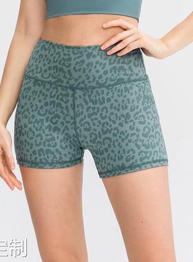 女士裸感印花瑜伽短裤 跑步训练高弹紧身运动速干健身3分裤02412