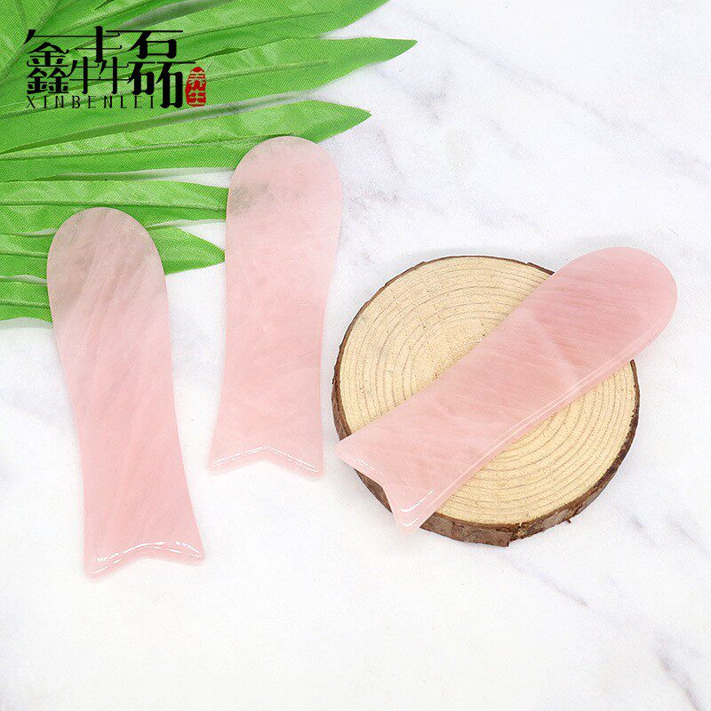 天然粉晶玉石 面部刮痧板直销身体刮痧粉鱼形刮脸片