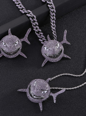 欧美新款6ix9ine同款大号鲨鱼吊坠微镶水钻夸张嘻哈男士项链