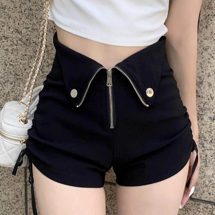 超高腰抽绳黑色短裤女秋冬辣妹设计感小众小个子a字超短热裤子潮