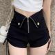 超高腰抽绳黑色短裤 女秋冬辣妹设计感小众小个子a字超短热裤 子潮