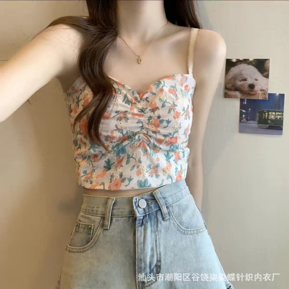 网红甜美碎花吊带带胸垫背心女夏季美背裹胸小清新短款打底衫上衣