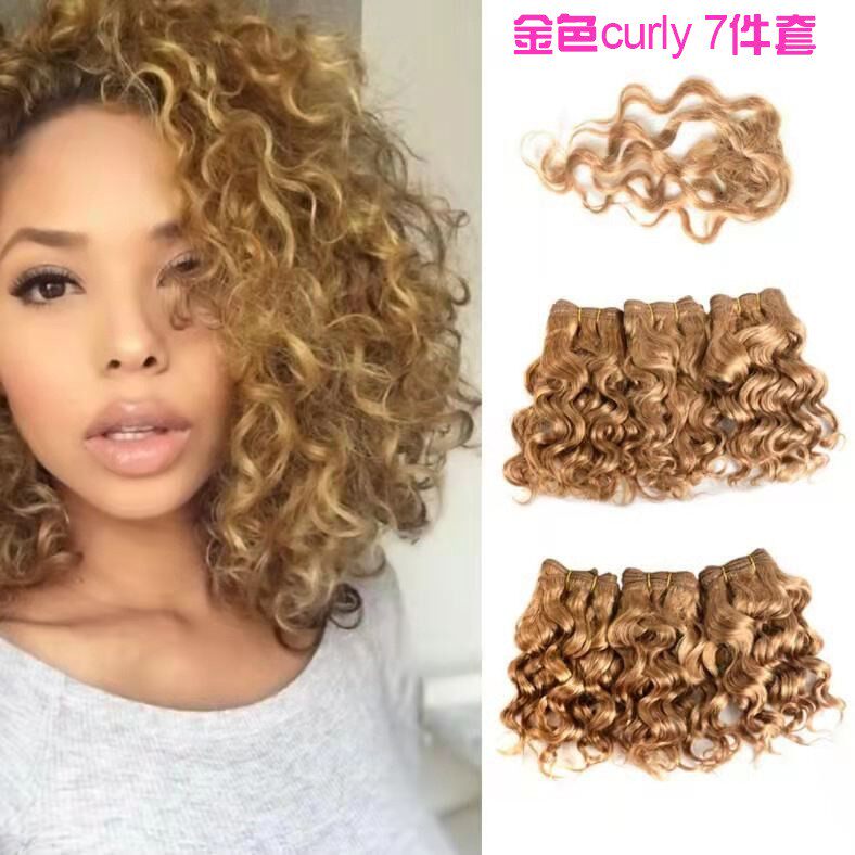 真人发帘欧美假发金色CurlyWaveHumanHair27发丝七件套短发卷发