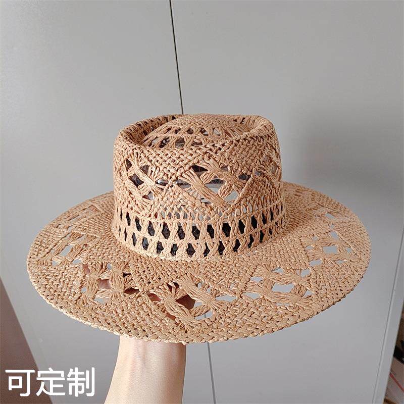 外单欧美款式平顶花纹镂空手编草帽夏季防晒出游度假太阳帽海边沙