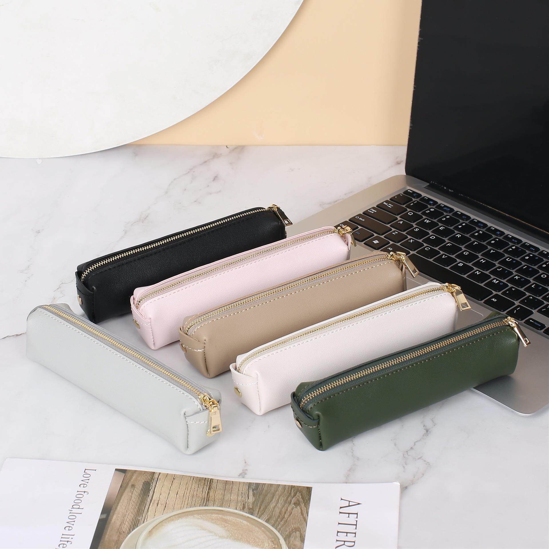 皮质笔袋女简约文艺中学生初中生铅笔盒大学生文具盒小巧轻便笔袋