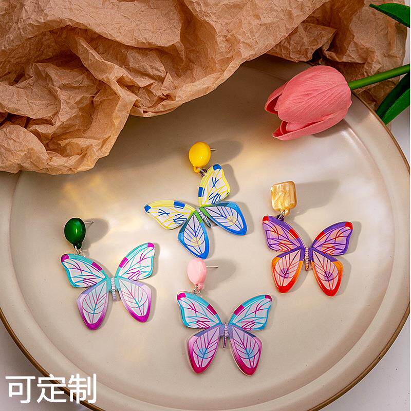 银针韩版夏季蝴蝶耳环 多巴胺个性糖果撞色耳钉高级感亚克力耳坠