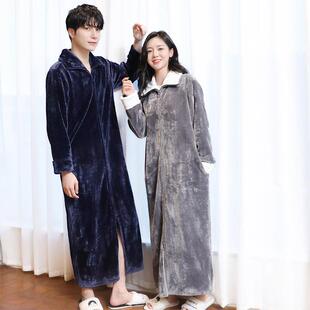 2027新款法兰绒拉链睡袍男女通用加厚加绒连体睡衣珊瑚绒情侣浴袍