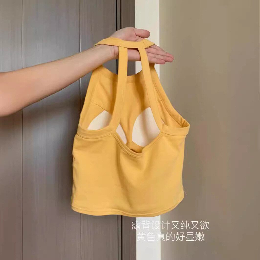 爆款322#挂脖吊带背心女黄色美背内衣带胸垫夏季辣妹网穿上衣